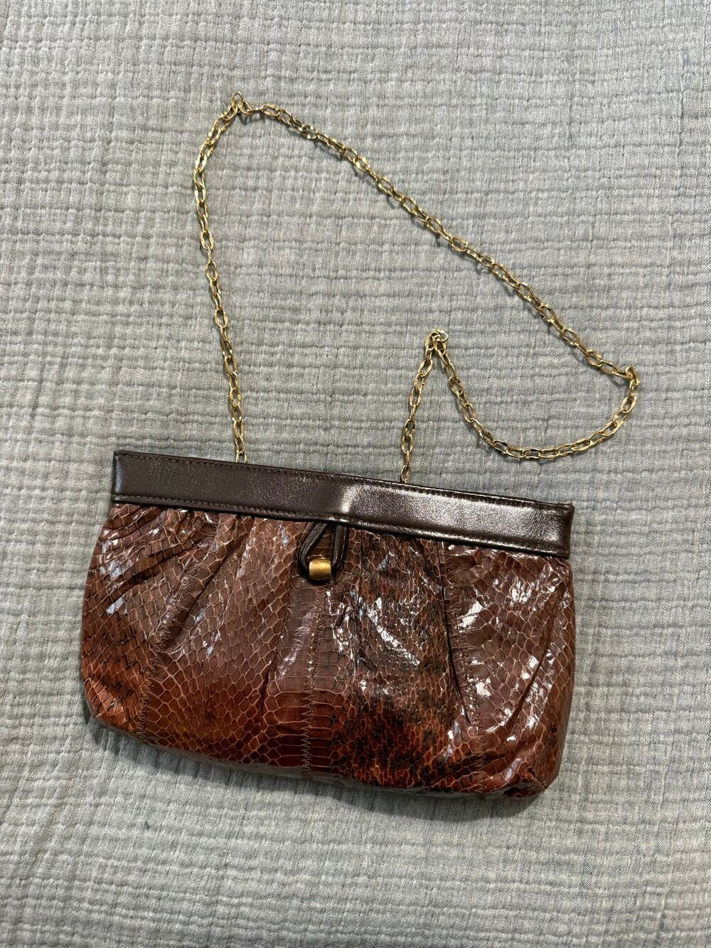 VTG Margolin Brown Snakeskin Genuine Leather Chain Clutch Purse Vintage Bag 70s